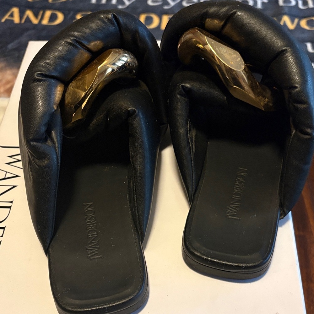 JW ANDERSON Black Twisted Leather Slide Sandals with Gold Disc - Picture 2 of 9